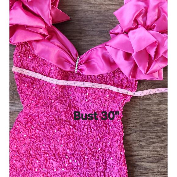 Vintage Zum Zum Hot Pink Ruffle Puff-Sleeve Mini Dress Size 5/6 Made in USA. - Picture 6 of 9